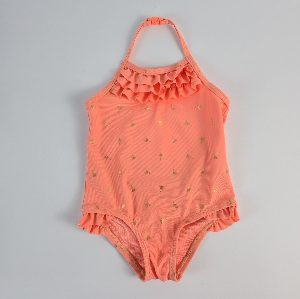 The Children's Place Coral Ruffle Halter One-Piece Swimsuit Gold Palm Print - Picture 3 of 12